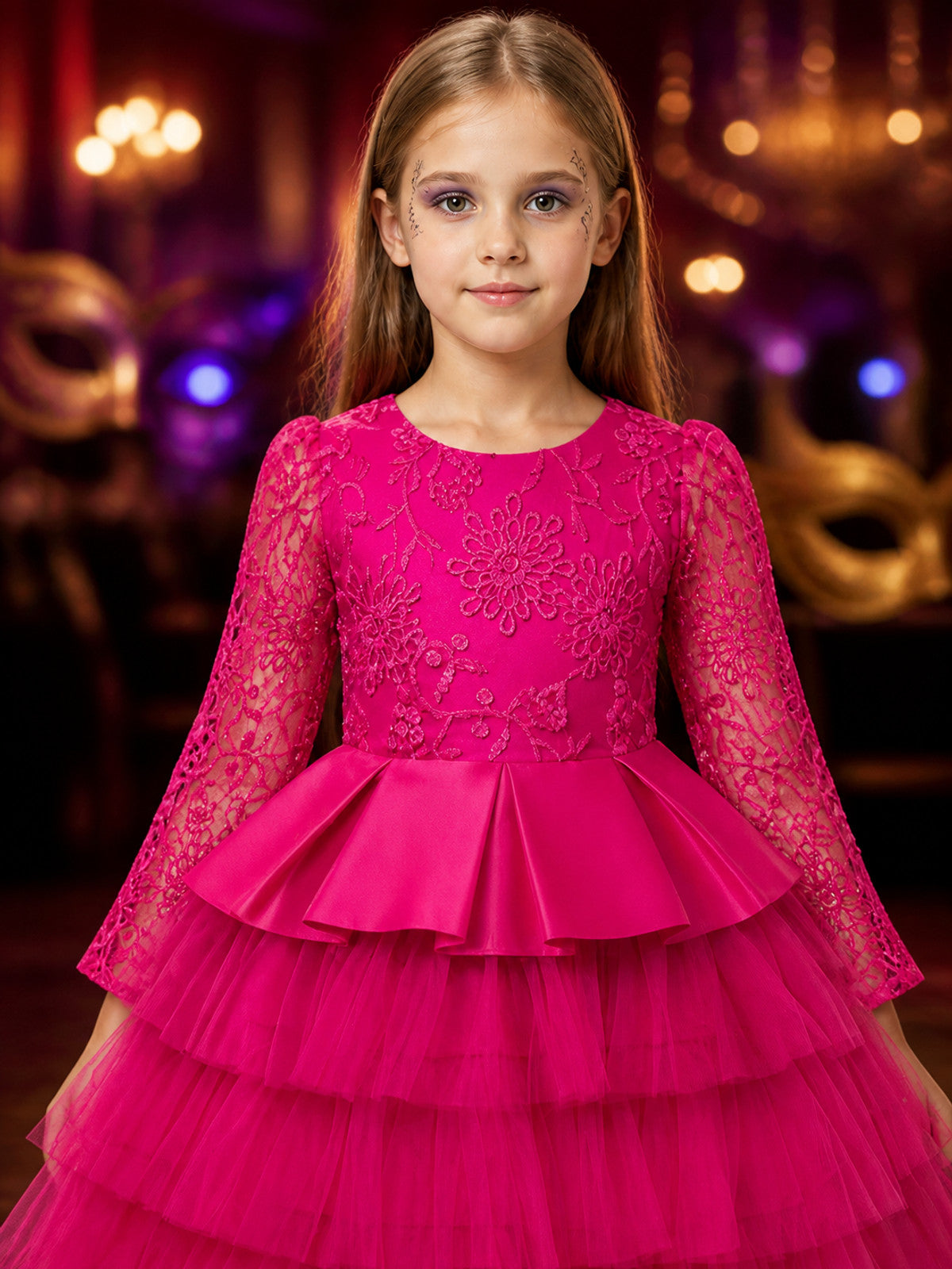 Girls' Rose Red Princess Dress With Floral Embroidery, Lace Sleeves, And Layered on-model view