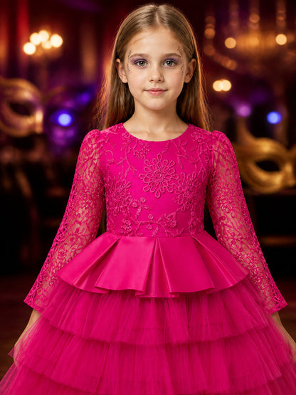 Girls' Rose Red Princess Dress With Floral Embroidery, Lace Sleeves, And Layered on-model view