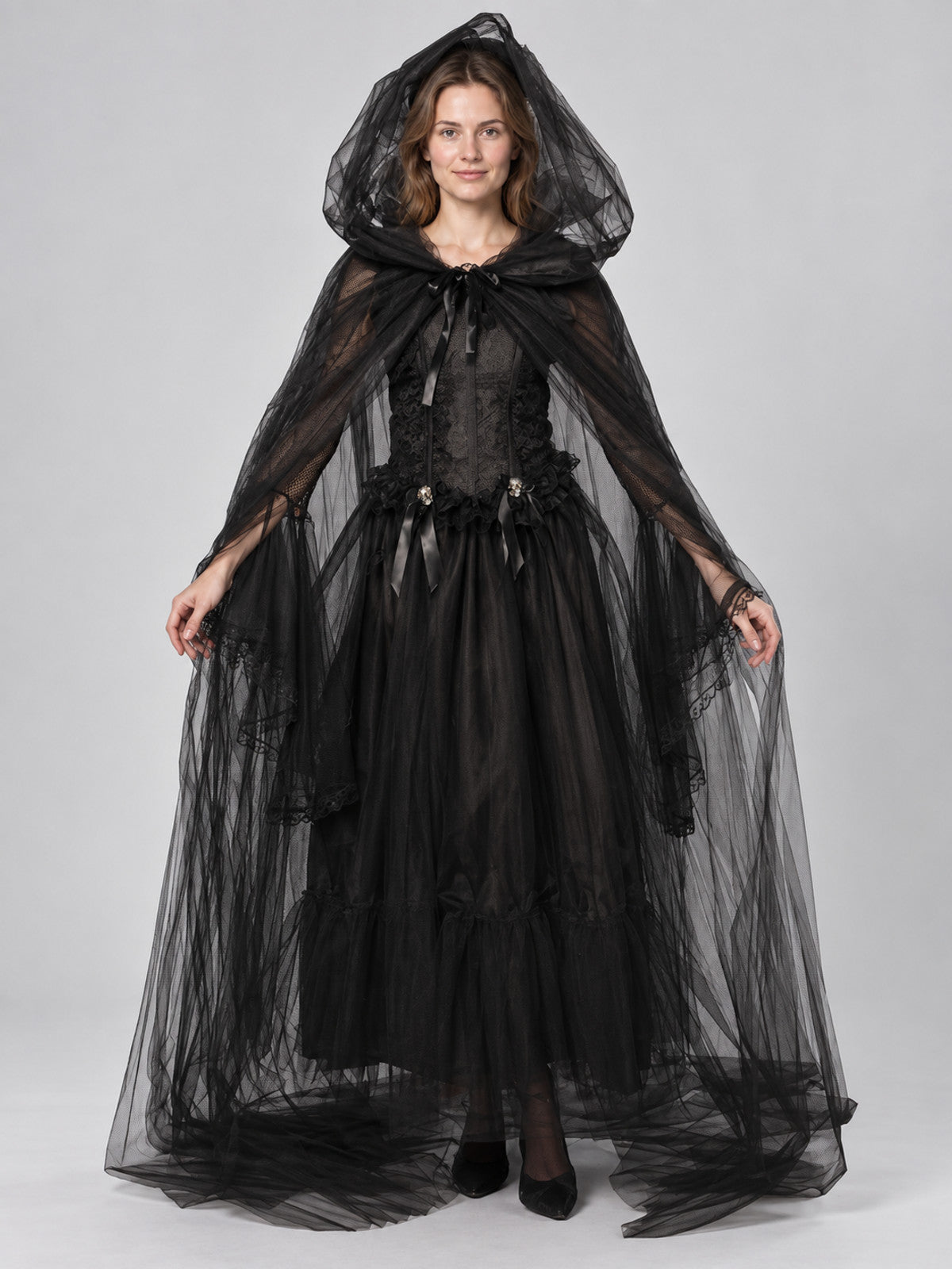 Black Vampire Costume with Veil and Sleeves