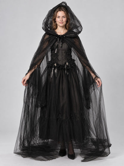 Black Vampire Costume with Veil and Sleeves