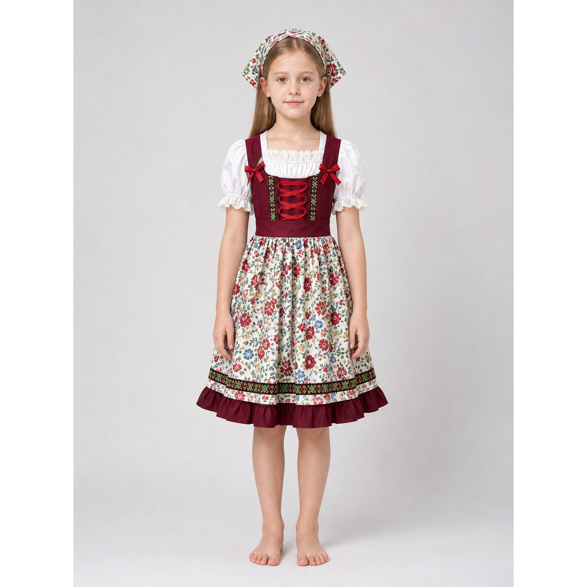 Dirndl with Floral Print and Lace Trim front view