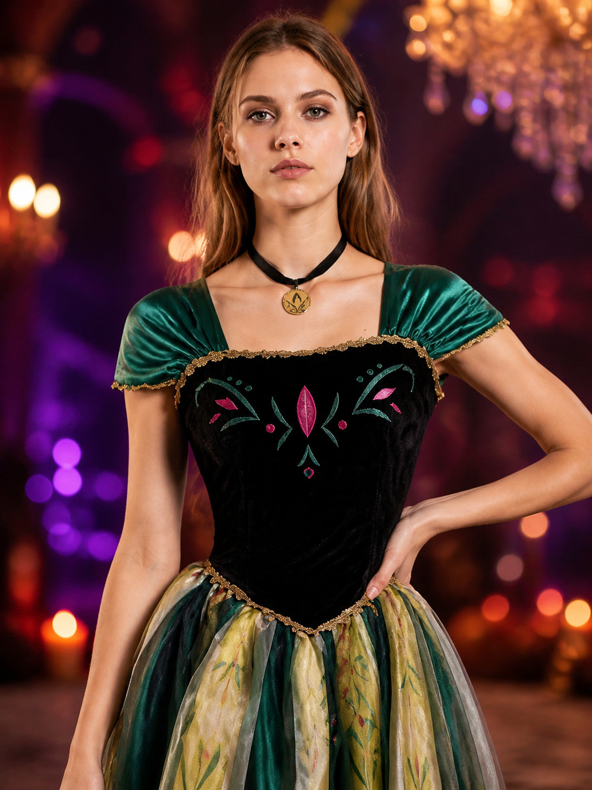 Adult Princess Cosplay Dress, Embroidered Green Black Gold Gown With Necklace on-model view