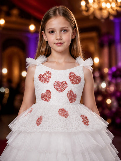 Toddler Girls' Princess Dress, White Layered Tulle Gown With Heart Sequins on-model view