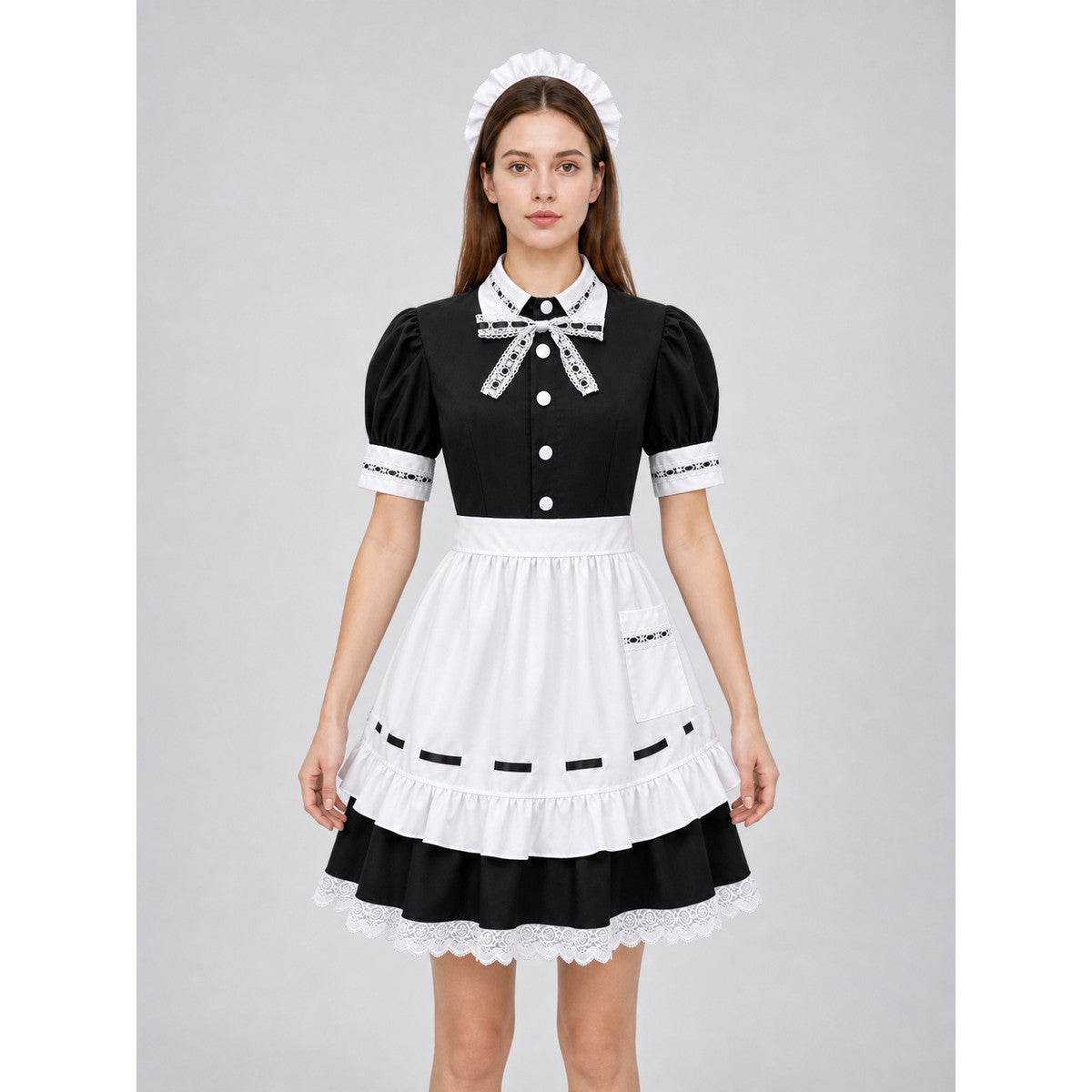 Black-and-White Maid Costume with Apron and Accessories front view