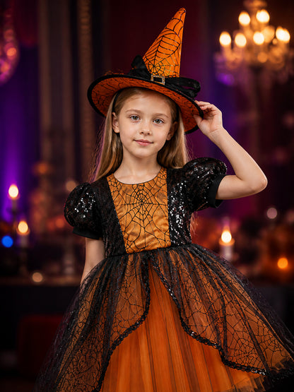Girls' Witch Costume Dress Set with Hat, Orange Black Spiderweb Lace Halloween on-model view
