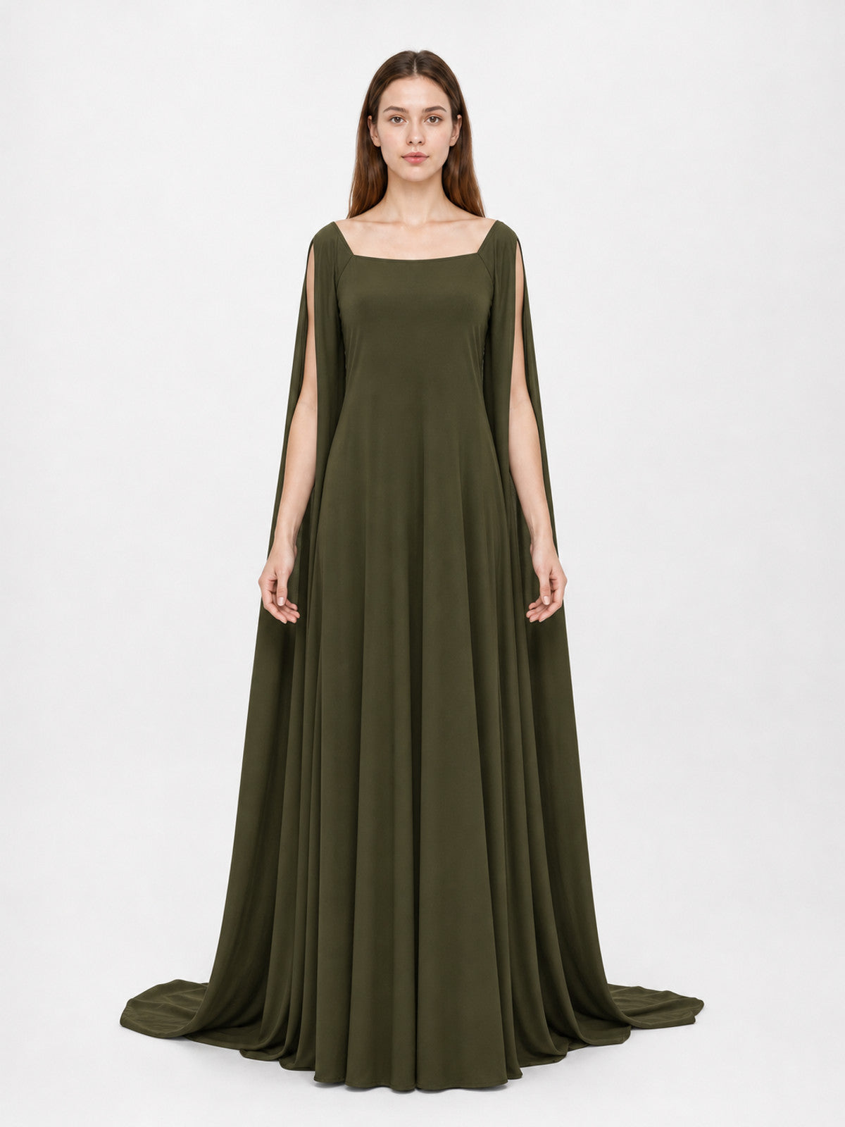 Fantasy-Style Dress with a Draped Skirt and Train front view