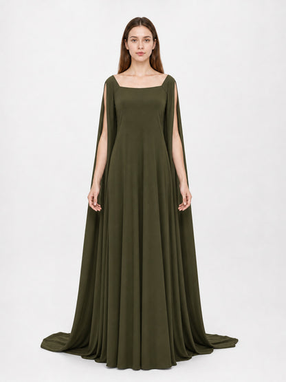 Fantasy-Style Dress with a Draped Skirt and Train front view