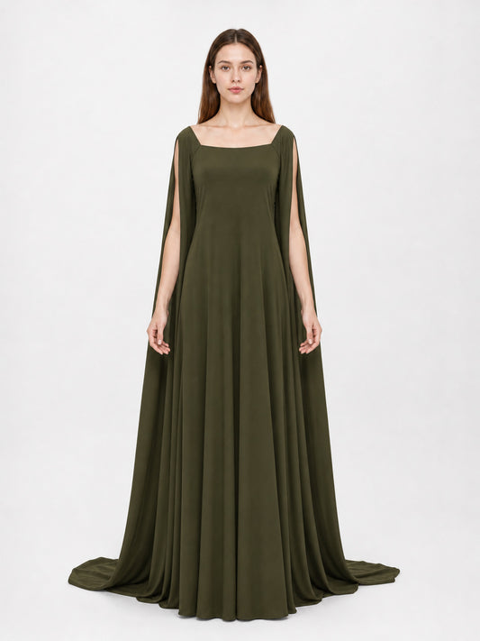Fantasy-Style Dress with a Draped Skirt and Train front view