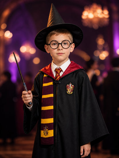 Wizard Robe Costume Set With Hooded Cloak, Hat, Glasses, Tie, Scarf And Wand on-model view