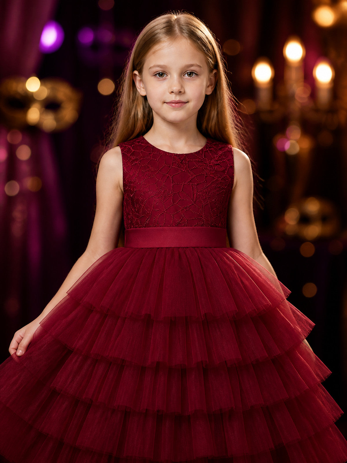 Girls' Maroon Princess Dress, Lace-Patterned Top and Layered Tulle Skirt on-model view