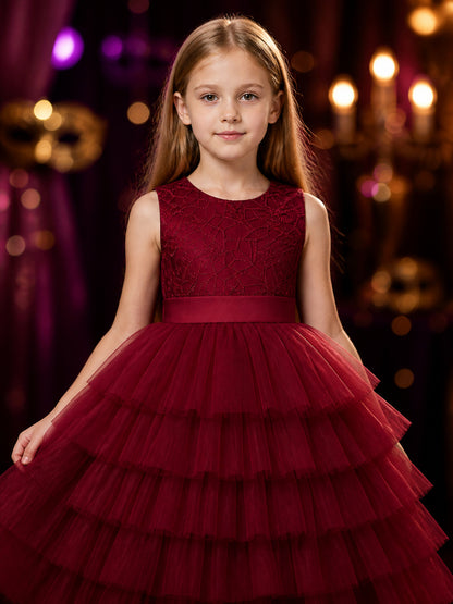 Girls' Maroon Princess Dress, Lace-Patterned Top and Layered Tulle Skirt on-model view