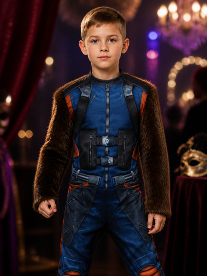 Kids Rocket Raccoon Superhero Muscle Costume Jumpsuit, Plush Hooded Bodysuit on-model view