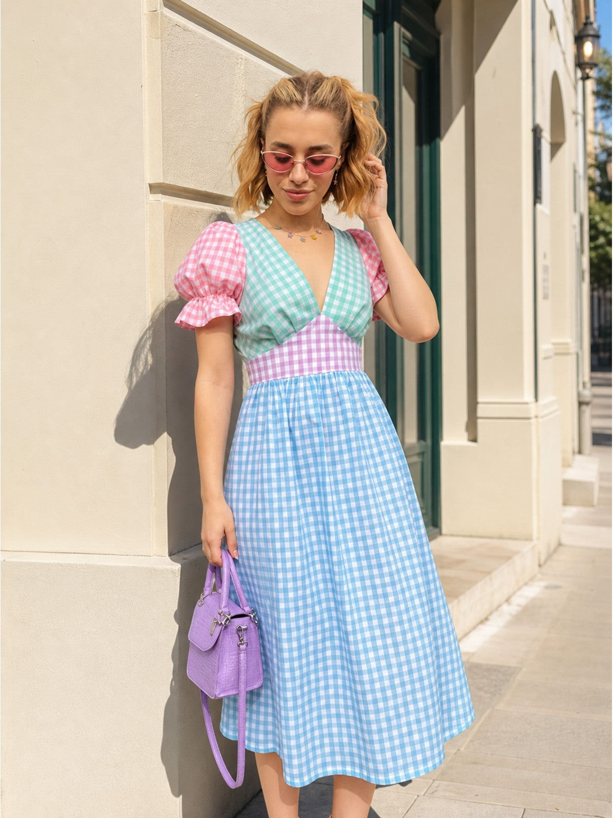 Plaid Midi Dress with a V-Neck and Puff Sleeves main product view