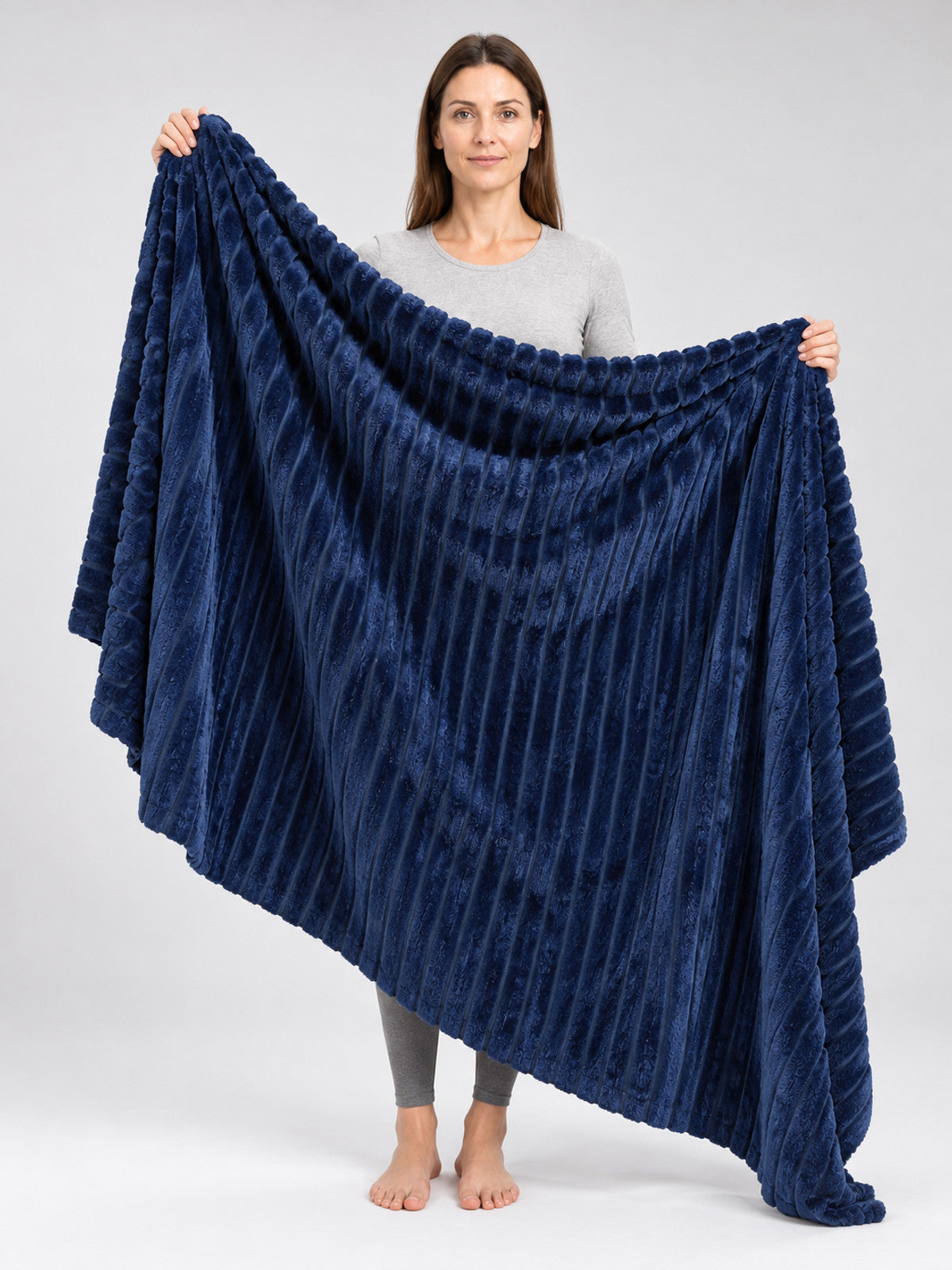 Dark Blue Flannel Blanket with Embossed Stripes