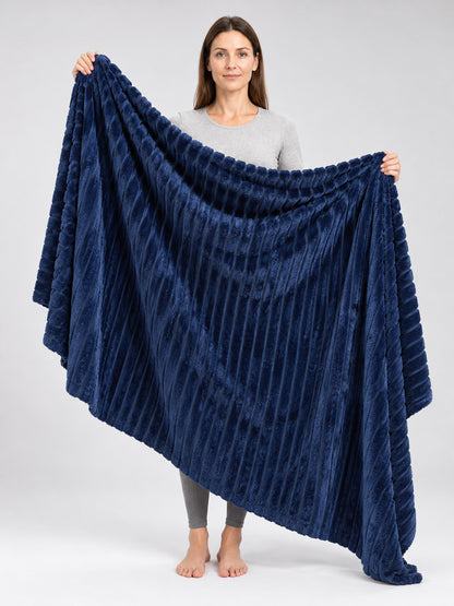 Dark Blue Flannel Blanket with Embossed Stripes
