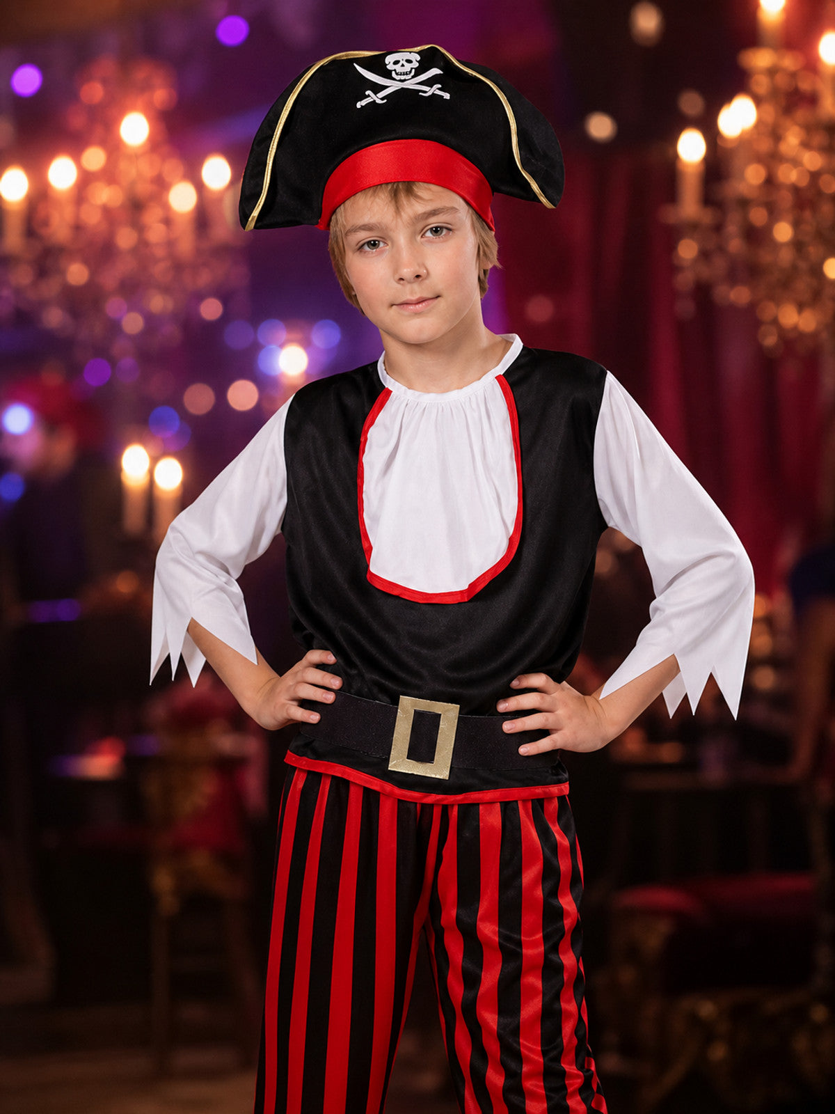 Unisex Kids Pirate Costume Set, Black Sleeveless Top with Red Striped Pants