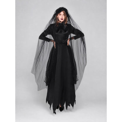 Black Gothic Vampire Dress with Long Veil for a Role-Playing Look