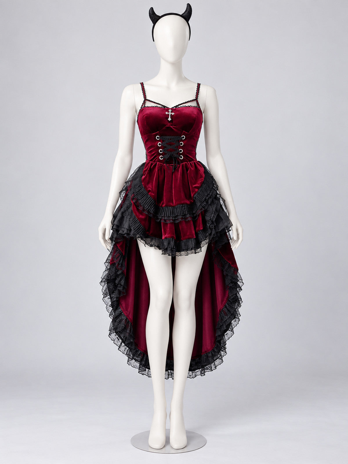 Burgundy Halloween Carnival Dress with Horns