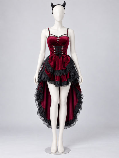 Burgundy Halloween Carnival Dress with Horns