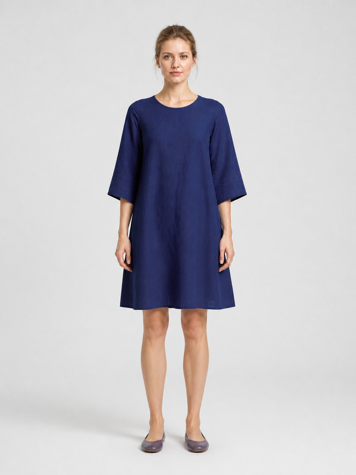 Blue Loose A-Line Dress with Wide Sleeves on-model view