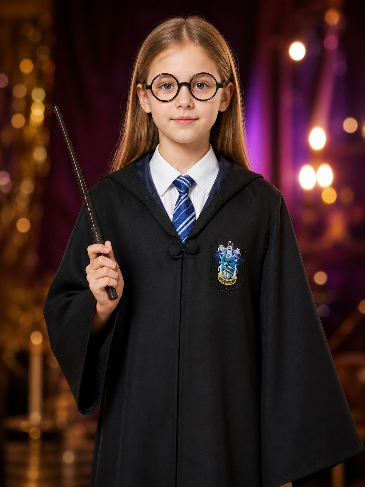 Ravenclaw Cosplay Robe with Hood and Tie on-model view