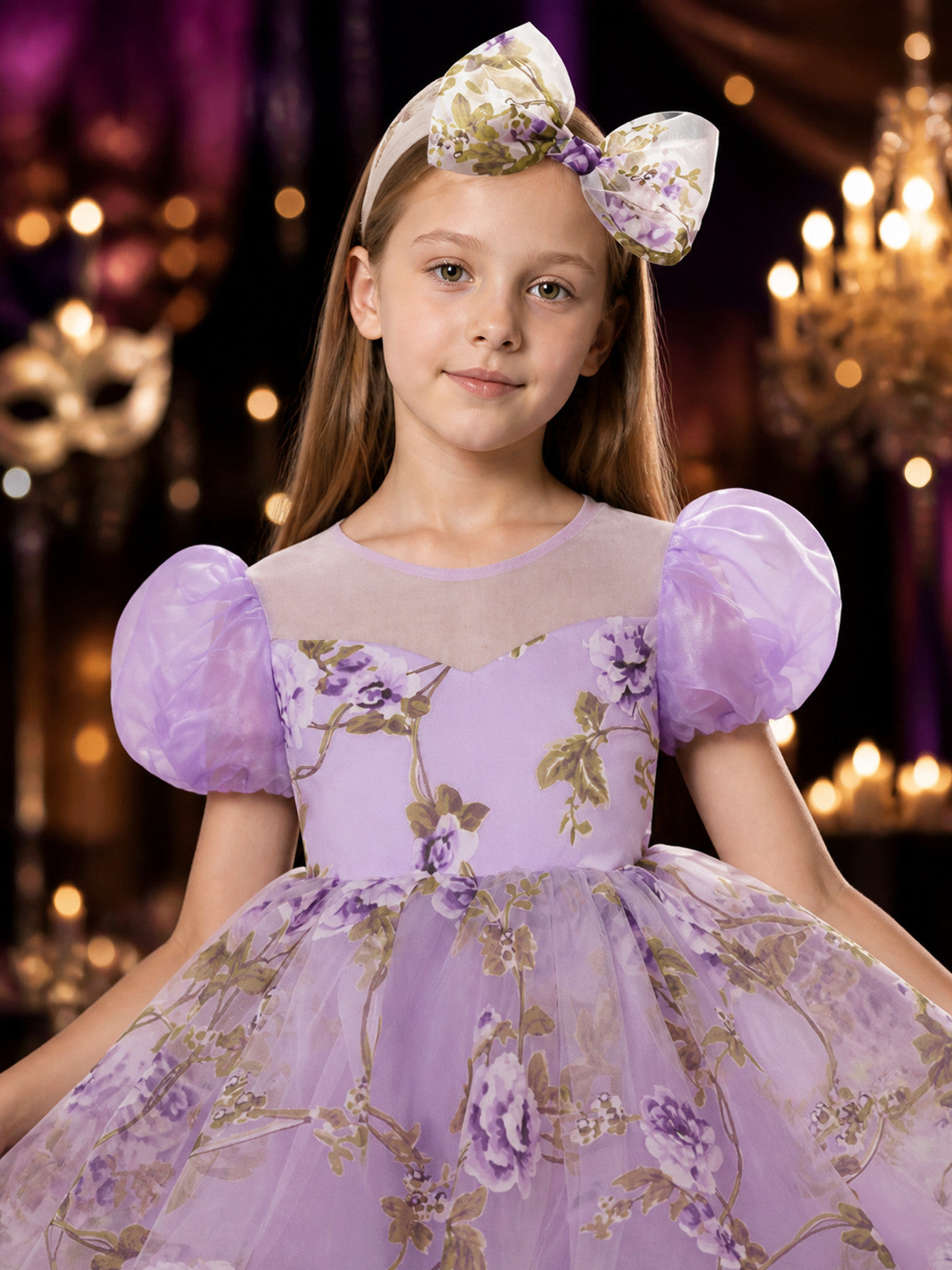 Baby Girls' Floral Princess Dress With Puff Sleeves, Tulle Skirt And Bow on-model view
