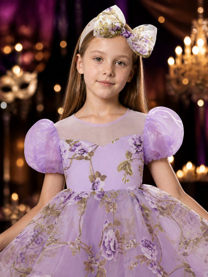 Baby Girls' Floral Princess Dress With Puff Sleeves, Tulle Skirt And Bow on-model view