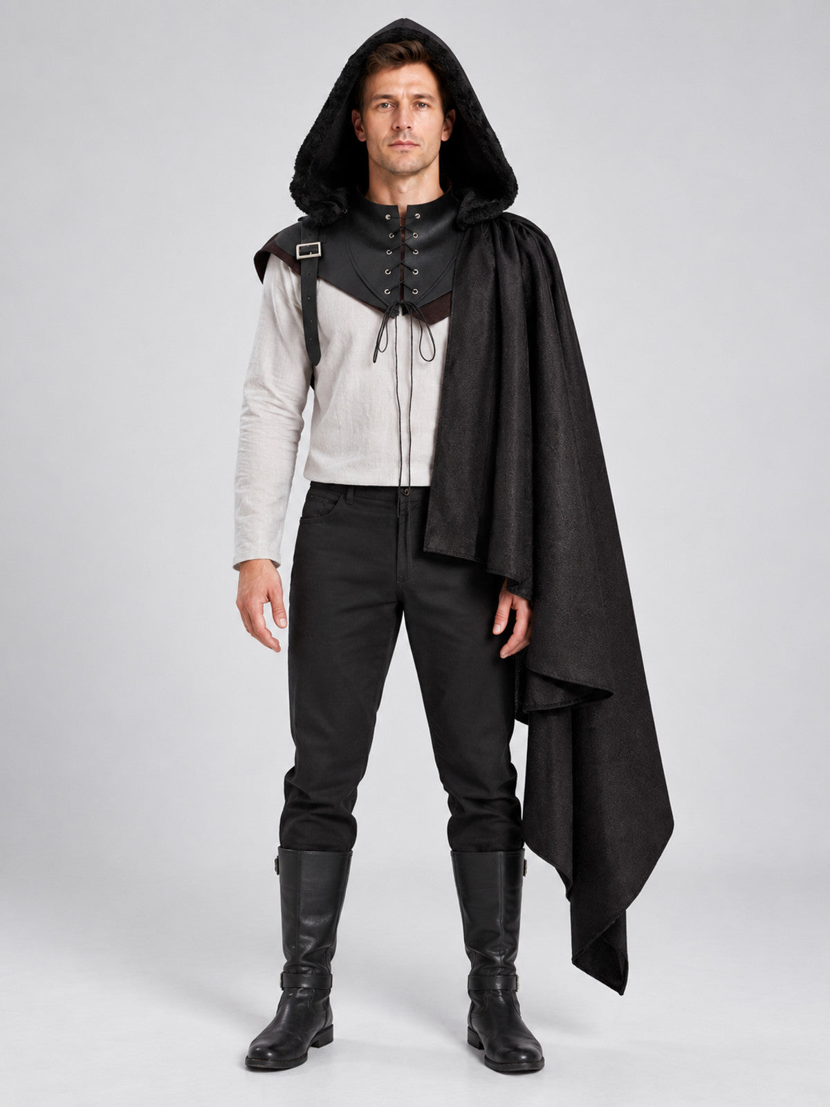 Black Medieval Hooded Cloak, with Fur, Lacing