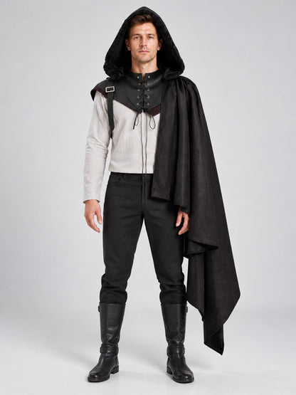 Black Medieval Hooded Cloak, with Fur, Lacing
