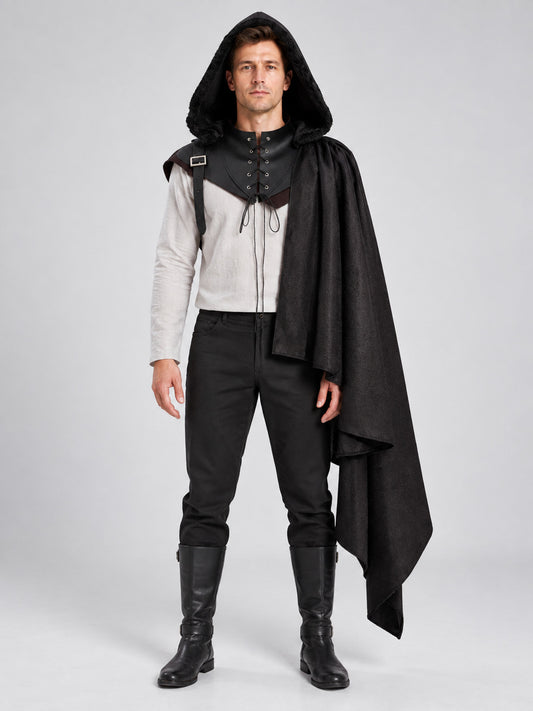 Black Medieval Hooded Cloak, with Fur, Lacing