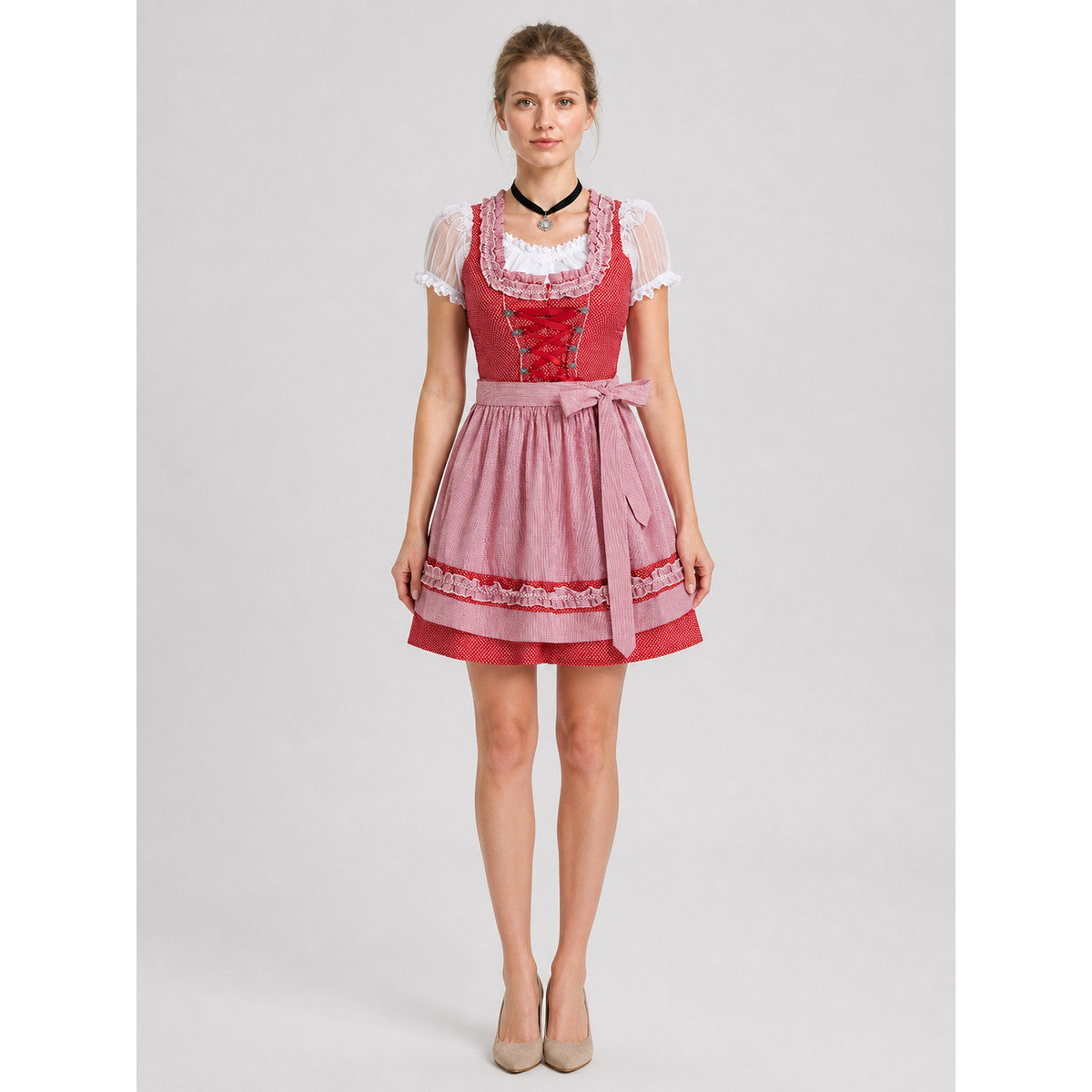 Bavarian Oktoberfest Dress Costume, Red and Pink on-model view