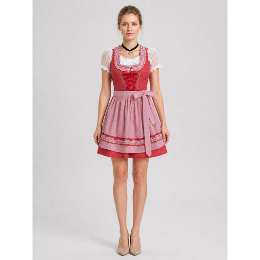 Bavarian Oktoberfest Dress Costume, Red and Pink on-model view