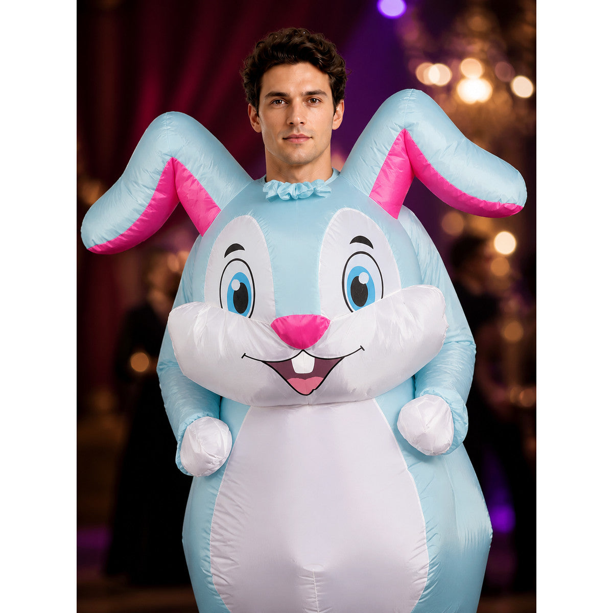 Unisex Cartoon Blue Rabbit Inflatable Costume, Easter Bunny Outfit for Party on-model view