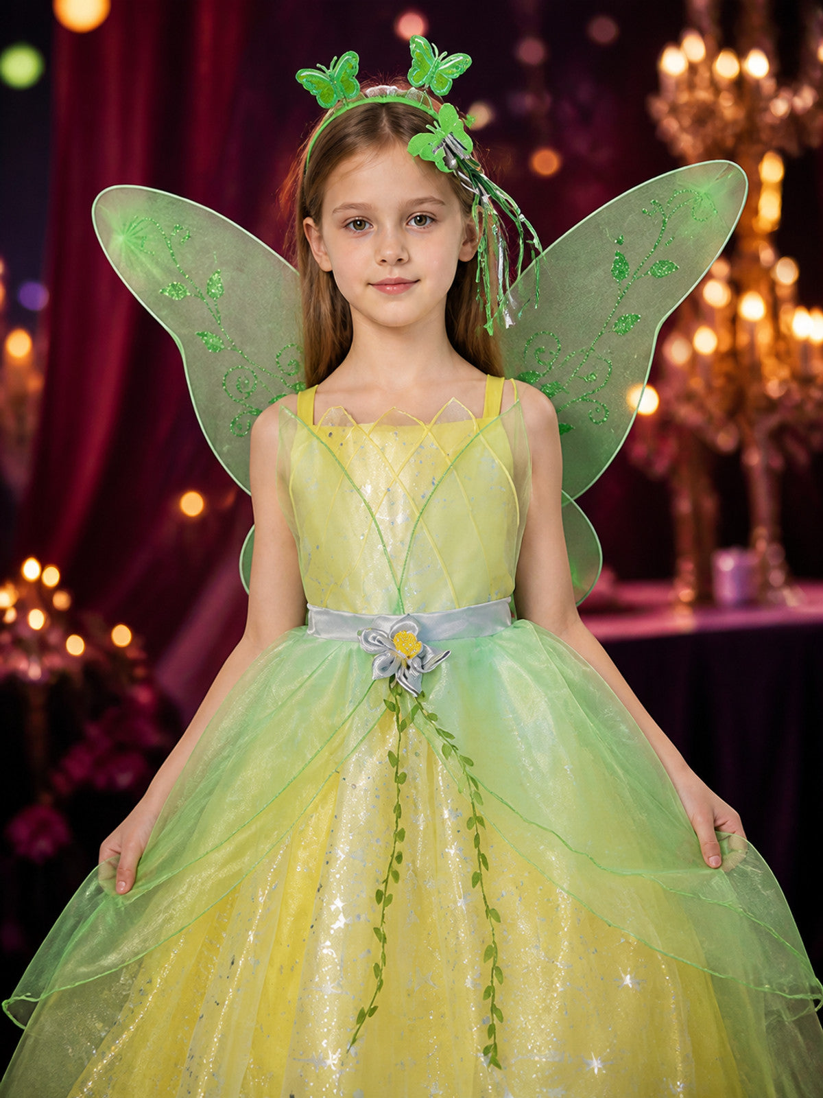 Girls Fairy Princess Gradient Tulle Costume Dress with Butterfly Wings & on-model view