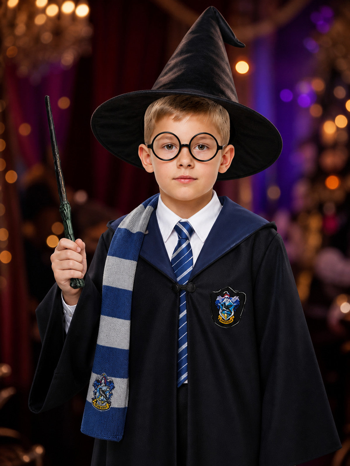 Long Black Wizard Robe Costume Set with Academy Badge, Striped Tie, Scarf on-model view
