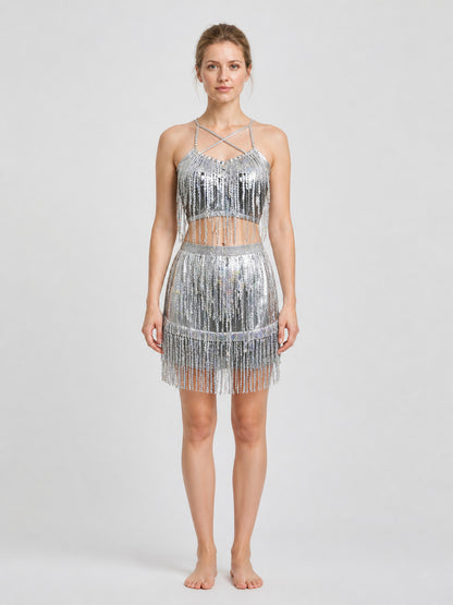 Latin Dance Costume: Sequin and Fringe Top and Skirt on-model view