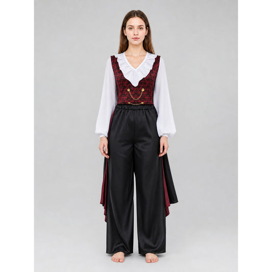 Cosplay costume with cape, chain, and trim