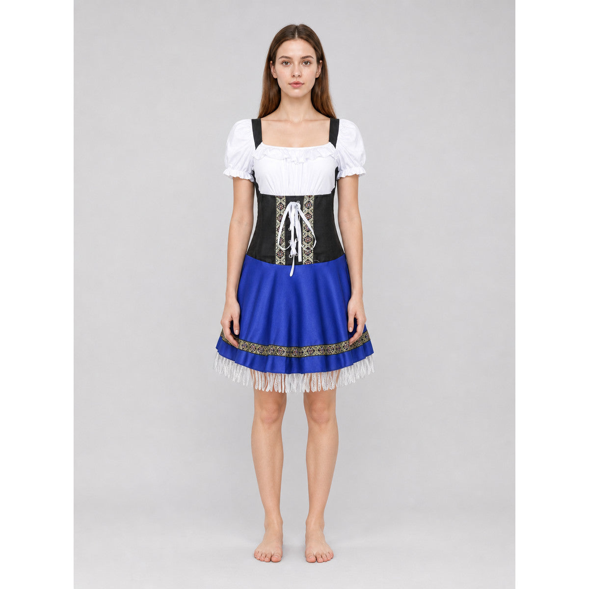 Dirndl Dress with a Corset and Full Skirt with Colorful Trim on-model view