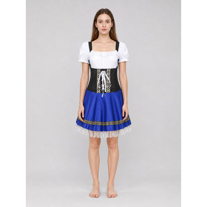 Dirndl Dress with a Corset and Full Skirt with Colorful Trim on-model view