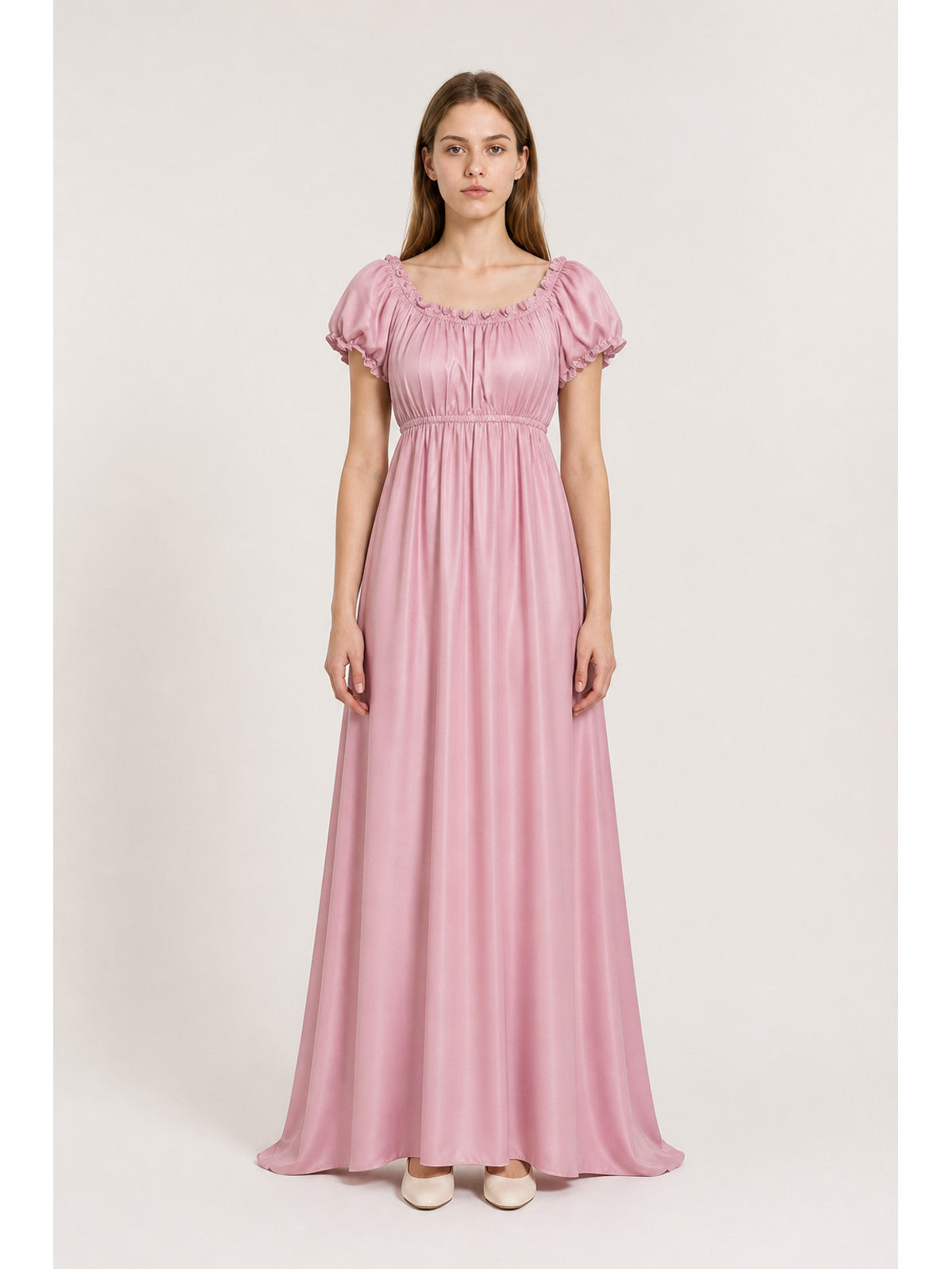 Long fitted dress with puff sleeves and a jabot main product view