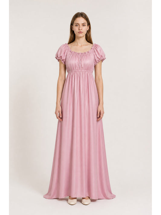 Long fitted dress with puff sleeves and a jabot main product view