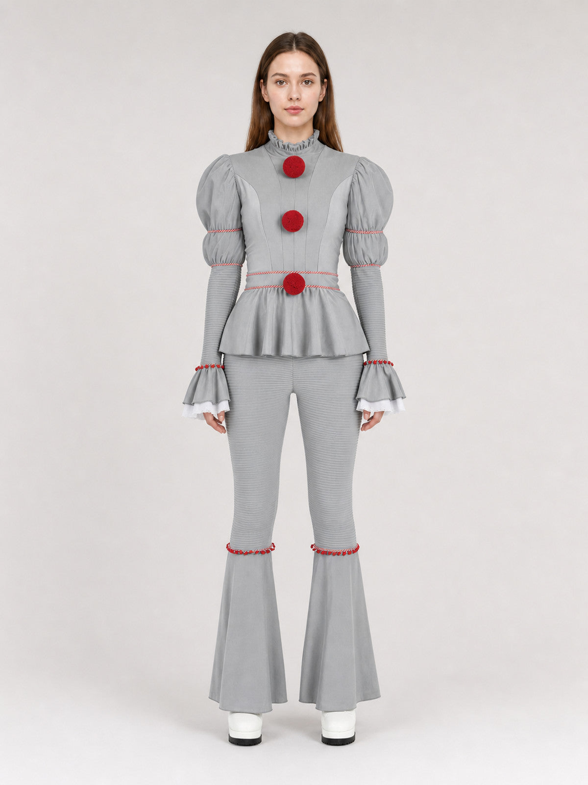 Carnival Circus Clown Costume with Ruffles on-model view