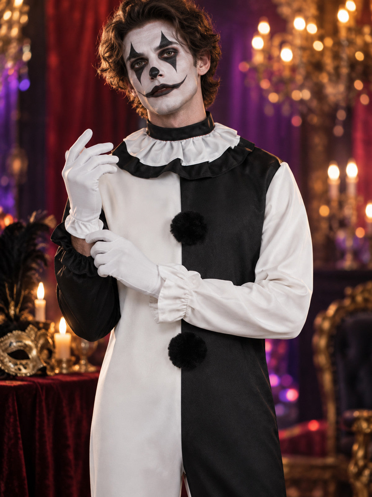 Black and White Clown Costume for Cosplay with Jabot and Gloves