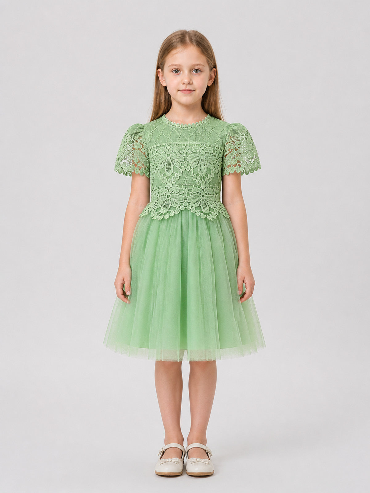 Dressy Girls' Dress with Lace and Full Tulle Skirt on-model view