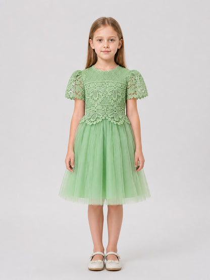 Dressy Girls' Dress with Lace and Full Tulle Skirt on-model view