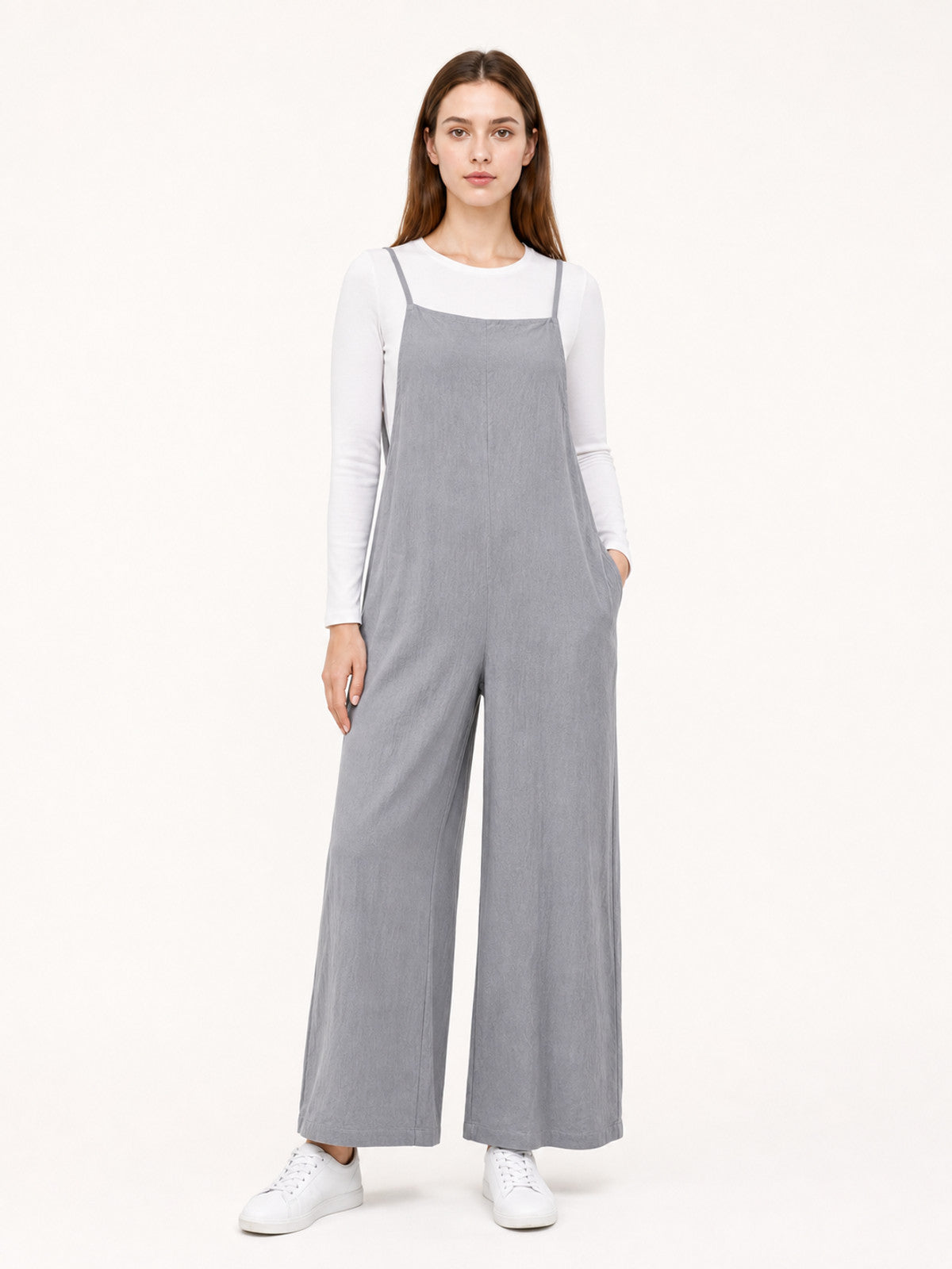 Gray Wide-Leg Cotton-Linen Bib Overalls with Straps