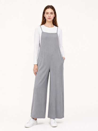Gray Wide-Leg Cotton-Linen Bib Overalls with Straps