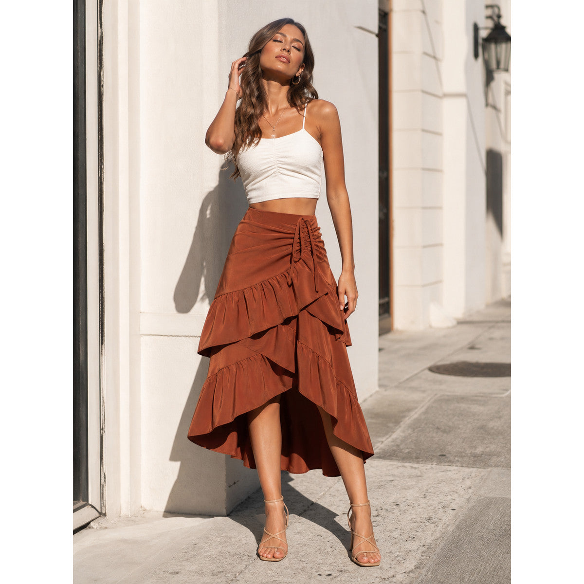 Asymmetrical Tiered Ruffle Skirt with Drawstring