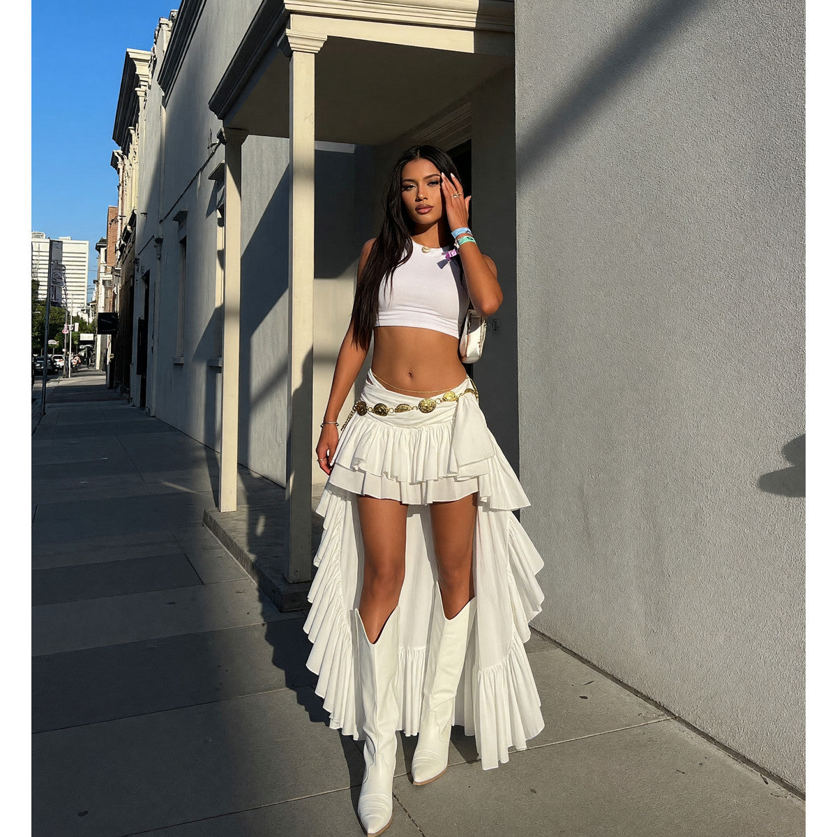 Women's White High-Waisted Ruffle Skirt
