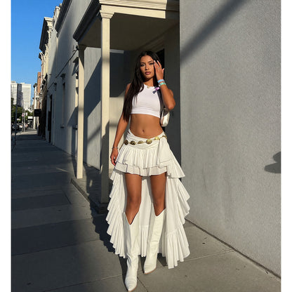 Women's White High-Waisted Ruffle Skirt